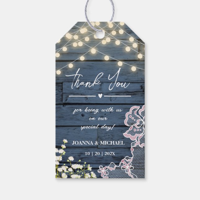 Étiquettes-cadeau Marine Blue Rustic Bois Chaîne Lumières & Mariage  (Devant)
