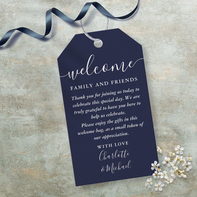 Étiquettes-cadeau Marine Blue Wedding Favoriser Panier de bienvenue (Navy Blue Wedding Favor Welcome Basket Bag Gift Tags)
