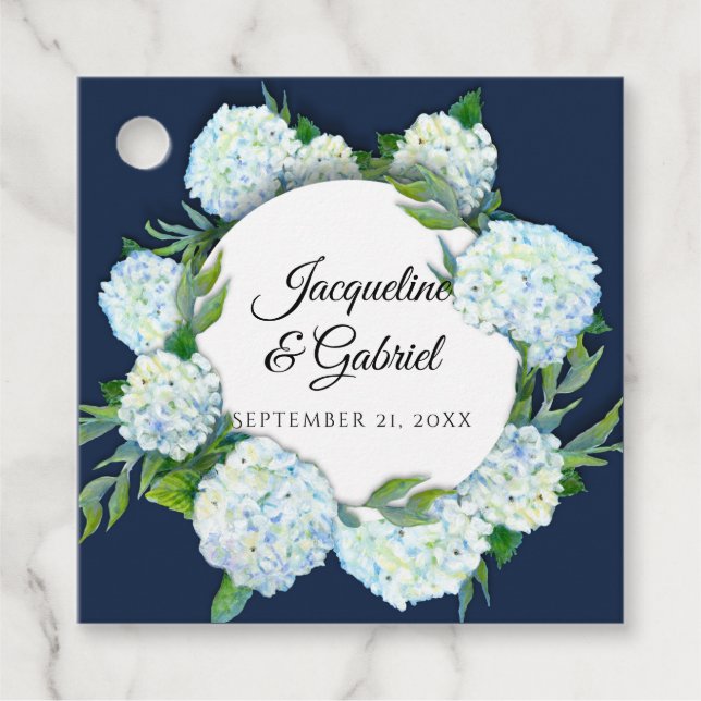 Étiquettes Cadeau Marine Floral Blanc Hydrangea Mariage de verdure (Devant)