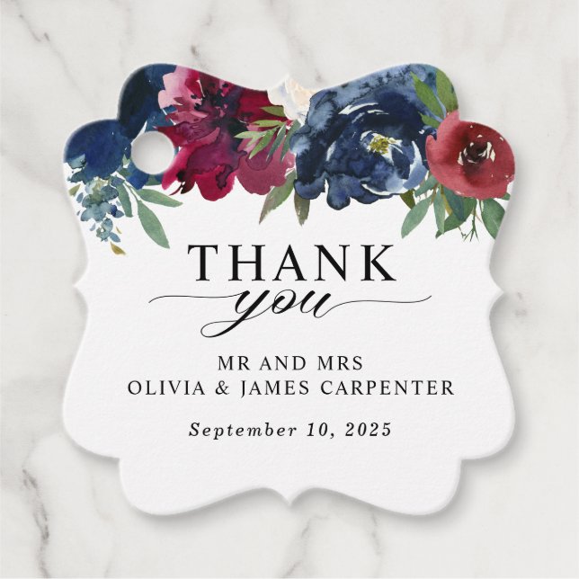 Étiquettes Cadeau Marine Florale moderne Bleu Bourgogne Mariage Merc (Devant)