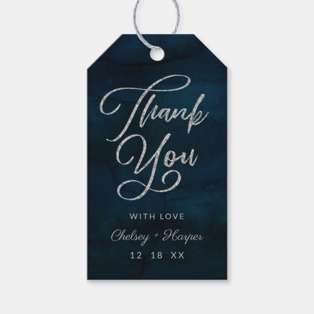 Étiquettes-cadeau Marine Luster Bleu foncé Argent Mariage Merci (Devant)