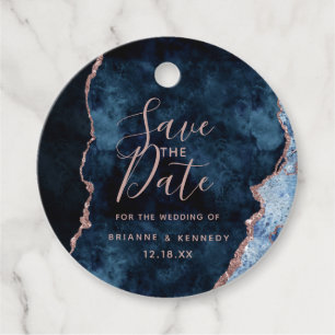 Étiquettes Cadeau Marine Rose Gold Agate Marbre Enregistrer la date