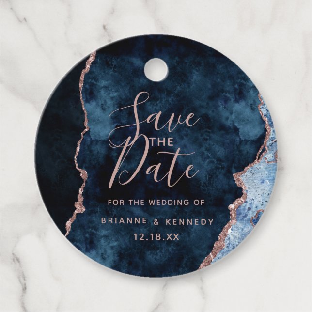 Étiquettes Cadeau Marine Rose Gold Agate Marbre Enregistrer la date (Devant)