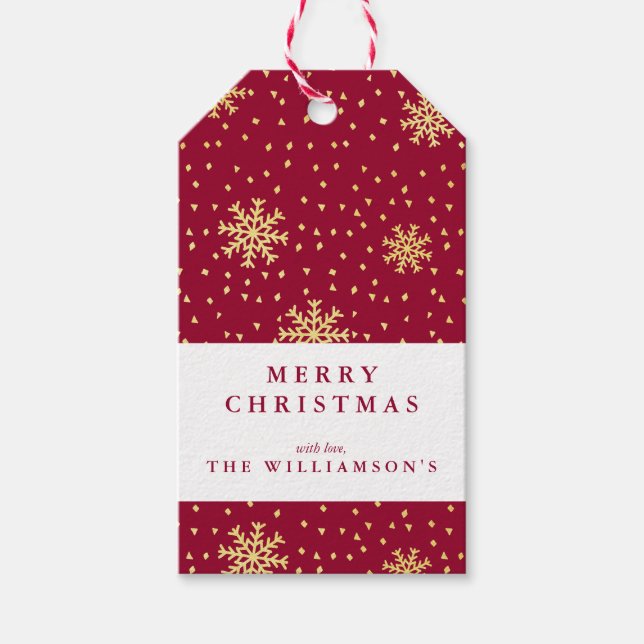 Étiquettes-cadeau Maroon moderne et doré flocon de neige Noël (Devant)