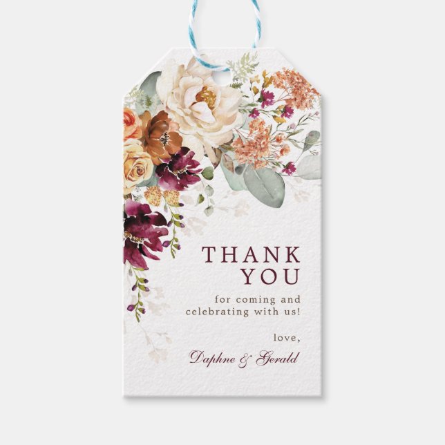 Étiquettes-cadeau Maroon Rustique Brûlé Orange Fête des mariées Flor (Devant)