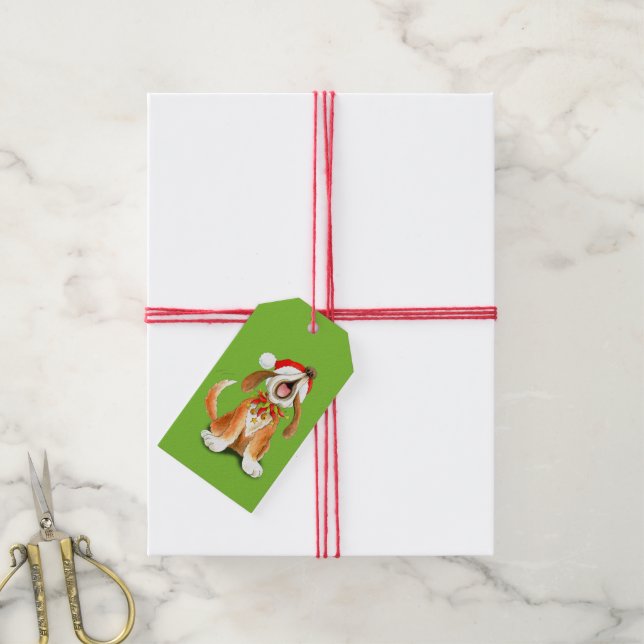 Étiquettes-cadeau Marque cadeau de Noël carol chanter chien vert (Avec de la ficelle)