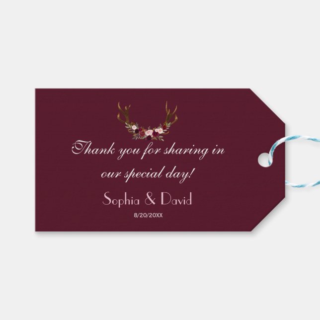Étiquettes-cadeau Marsala de Bourgogne Floral Antlers Mariage (Devant (Horizontal))