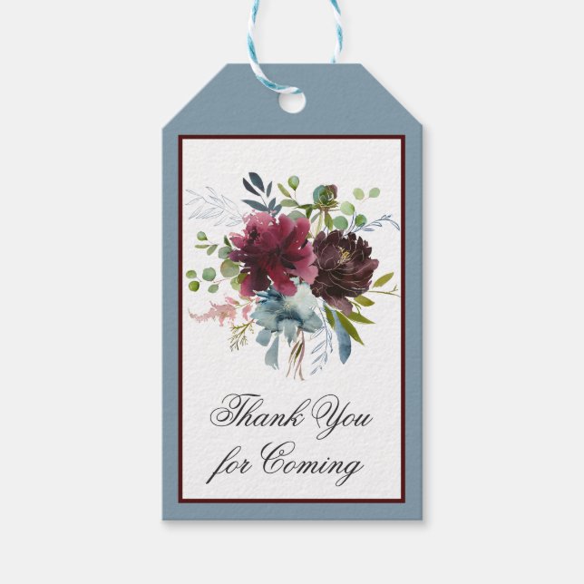 Étiquettes-cadeau Marsala Rouge et Bleu Floral Merci (Devant)