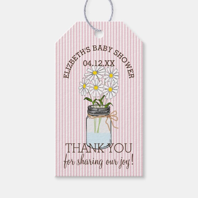 Étiquettes-cadeau Mason Jar sur Pink Stripes Baby shower Merci (Devant)