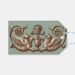 Étiquettes-cadeau masque grec ancien entre deux phoenixes