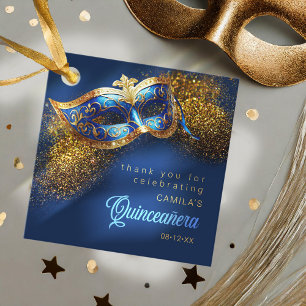 Étiquettes Cadeau Masquerade Masque Quinceanera Blue Gold ID1031