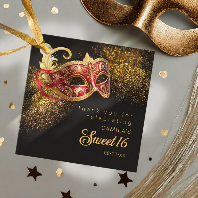 Étiquettes Cadeau Masquerade Masque Sweet 16 Rouge Or ID1032 (Créateur téléchargé)