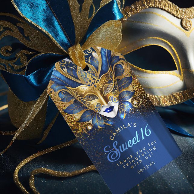 Étiquettes-cadeau Masquerade Sweet 16 Bleu Or V2 ID1032 (Créateur téléchargé)
