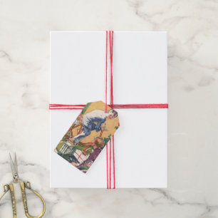 Étiquettes-cadeau Matin de Noël vintage, enfants avec des cadeaux