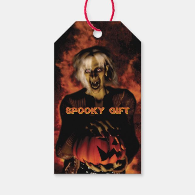 Étiquettes-cadeau Mauvaise sorcière avec citrouille. Halloween (Devant)
