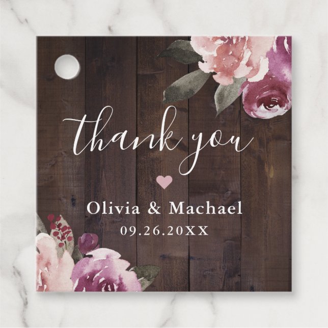 Étiquettes Cadeau Mauve violet bois rustique fleuri merci mariage (Devant)