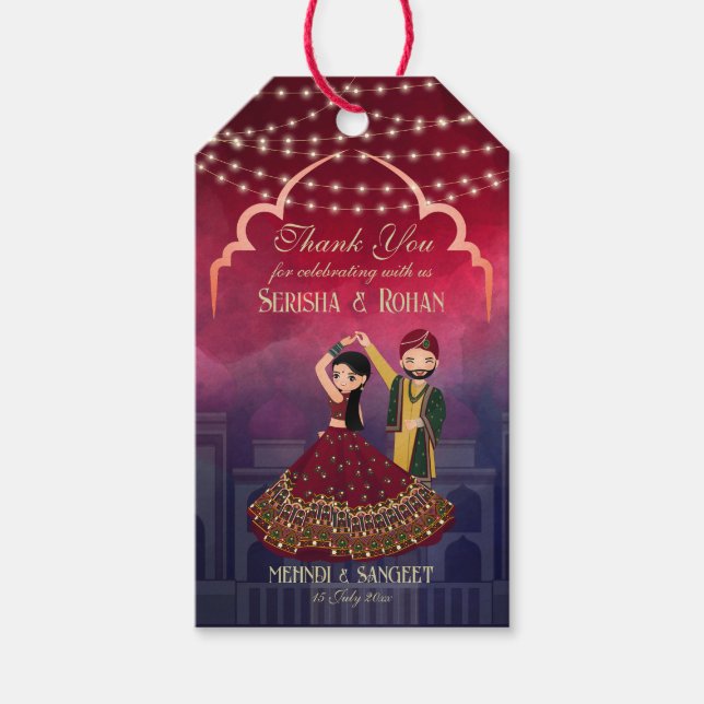 Étiquettes-cadeau Mehndi Sangeet couple de danse bleu foncé (Devant)