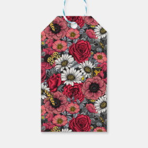 Étiquettes-cadeau Mélange de fleurs en rouge et gris