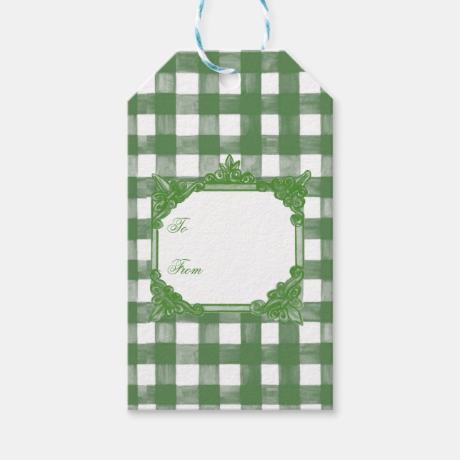 Étiquettes-cadeau Mélange vert EN VICHY peint à la main avec toile (Devant)
