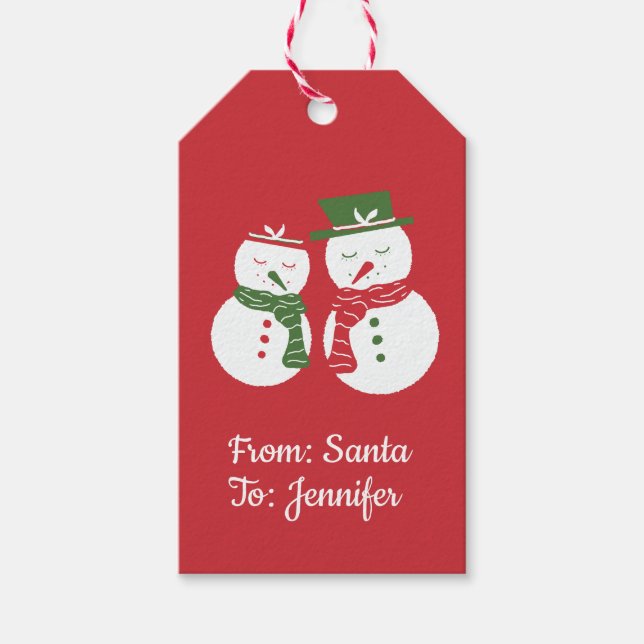 Étiquettes-cadeau Mellow Snowmen - red flowers Christmas snowman. (Devant)