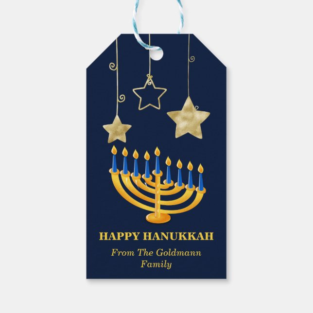 Étiquettes-cadeau Menorah or moderne et Hanoukka heureuse étoile (Dos)