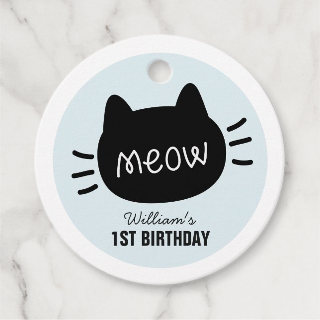 Étiquettes Cadeau Meow Black Cat Face Blue Boy Anniversaire Merci (Devant)