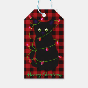 Étiquettes-cadeau Meowcat Noël rouge scintillement lumières rouge pl
