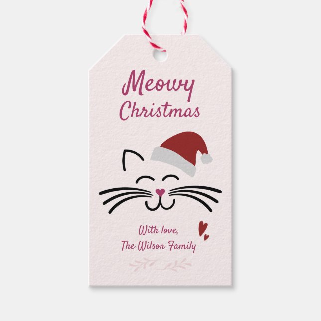 Étiquettes-cadeau Meowy Christmas - Cute Kitten w. Capeau père Noël (Devant)