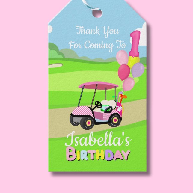 Étiquettes-cadeau Merci 1er Anniversaire Polka Dot Rose Girl Golf (Créateur téléchargé)
