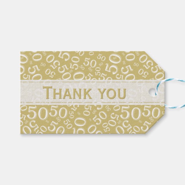 Étiquettes-cadeau Merci 50e anniversaire Gold/Blanc Motif numérique (Devant (Horizontal))