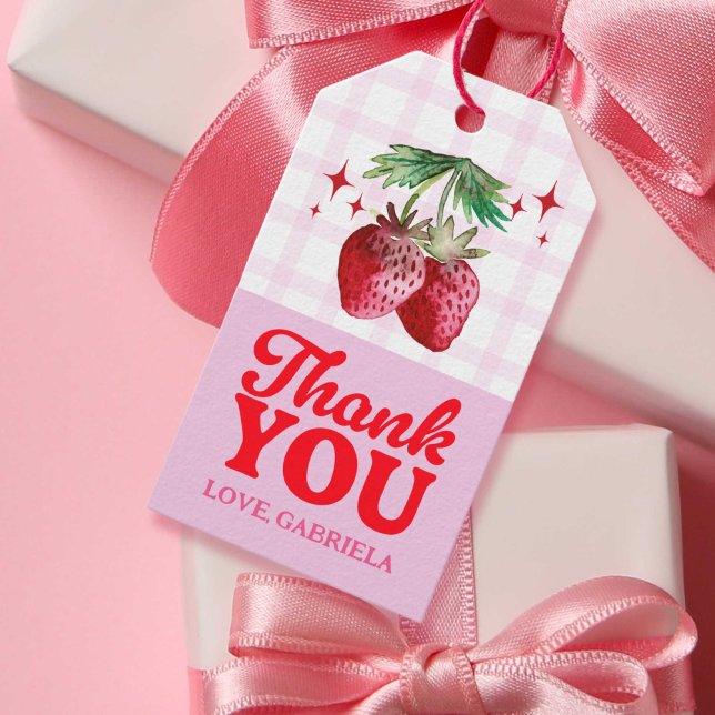 Étiquettes-cadeau Merci Aquarelle Fraise rose Plaid (Thank You Watercolor Strawberry Pink Plaid Gift Tags)
