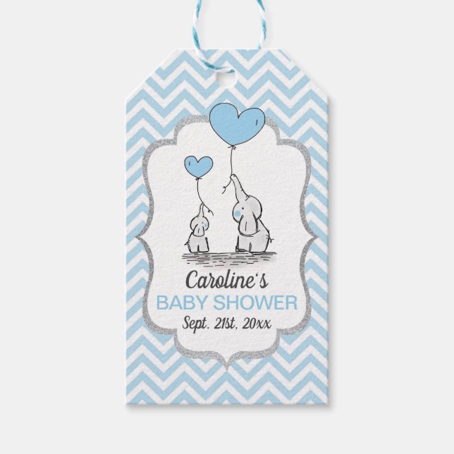 Étiquettes-cadeau Merci Baby shower Chevron Blue Elephant (Devant)