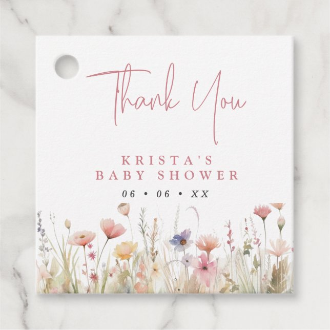Étiquettes Cadeau Merci Baby shower Fleur sauvage rose (Devant)