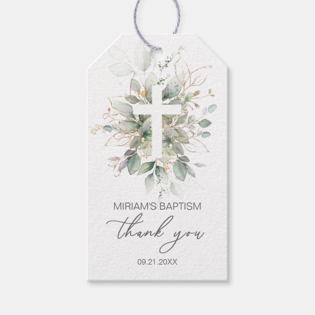 Étiquettes-cadeau Merci Baptême croisé de feuillage vert or (Devant)