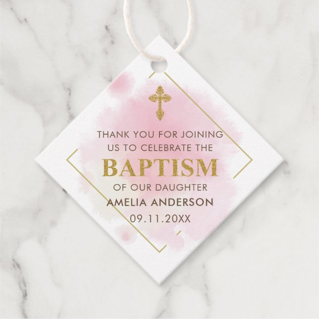 Étiquettes Cadeau Merci Baptême De Fille D'Aquarelle Or Et Rose (Devant)