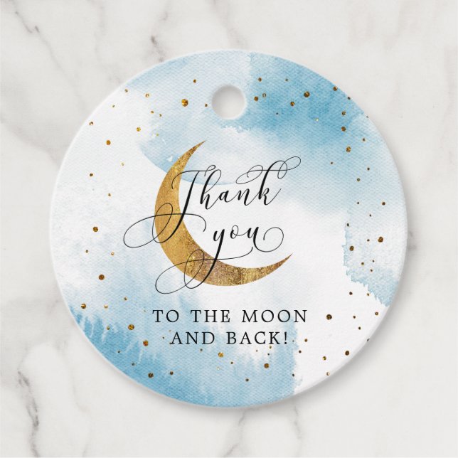 Étiquettes Cadeau Merci Bleu à la Lune et retour Anniversaire (Devant)