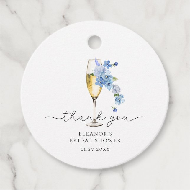 Étiquettes Cadeau Merci bleu pétales et Fête des mariées de poursuit (Devant)