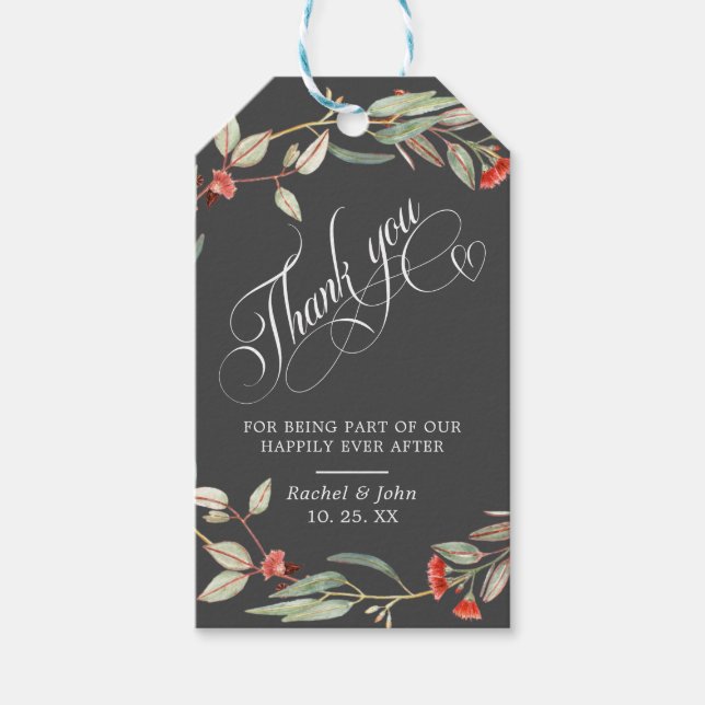 Étiquettes-cadeau Merci Calligraphique élégant gris floral (Devant)