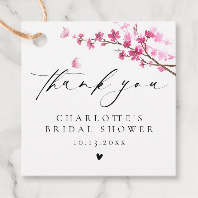 Étiquettes Cadeau Merci Cerisier Fleur Papillon Rose (Devant)
