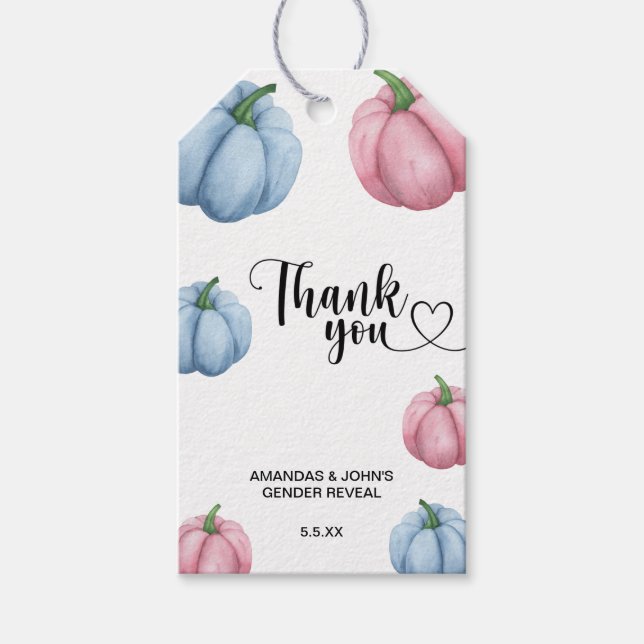 Étiquettes-cadeau Merci Citrouille aquarelle révèle le sexe (Devant)