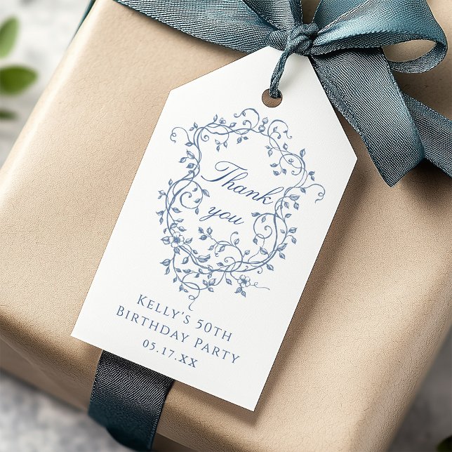 Étiquettes-cadeau Merci classique bleu Floral Crest (Créateur téléchargé)