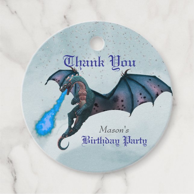 Étiquettes Cadeau Merci d'anniversaire du dragon bleu (Devant)