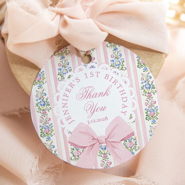 Étiquettes Cadeau Merci d'anniversaire d'un bow rose pâle (Créateur téléchargé)