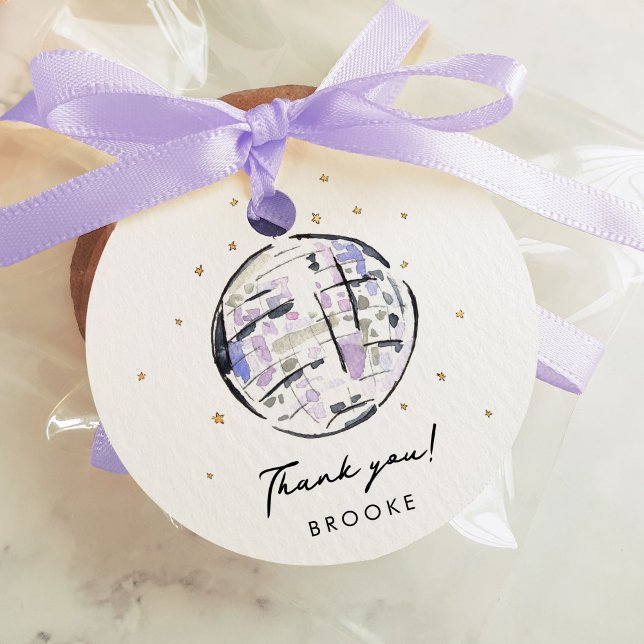 Étiquettes Cadeau Merci d'aquarelle à bille disco étoilée (Fabulous watercolor painted disco ball personalized Thank You favor circle gift tag.)