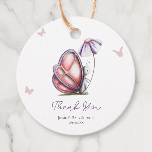 Étiquettes Cadeau Merci de Baby shower à papillon aquarelle (Devant)