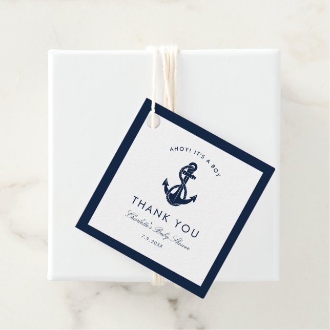 Étiquettes Cadeau Merci de Baby shower Ancre bleu marine (En situation)