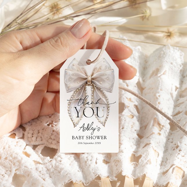 Étiquettes-cadeau Merci de Baby shower blanc Pearl Bow (Créateur téléchargé)