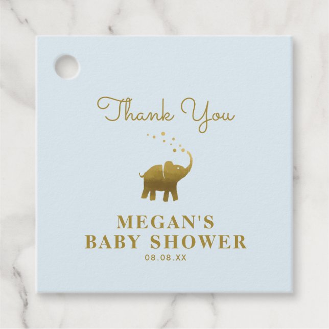 Étiquettes Cadeau Merci de Baby shower bleu Eléphant d'or (Devant)