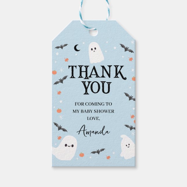 Étiquettes-cadeau Merci de Baby shower bleu Halloween Little Boo (Devant)