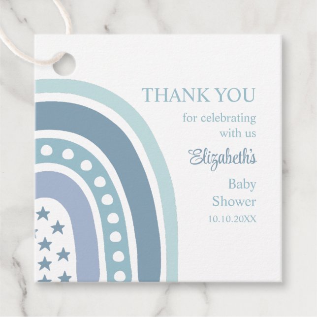 Étiquettes Cadeau Merci de Baby shower Boho Blue Rainbow (Devant)